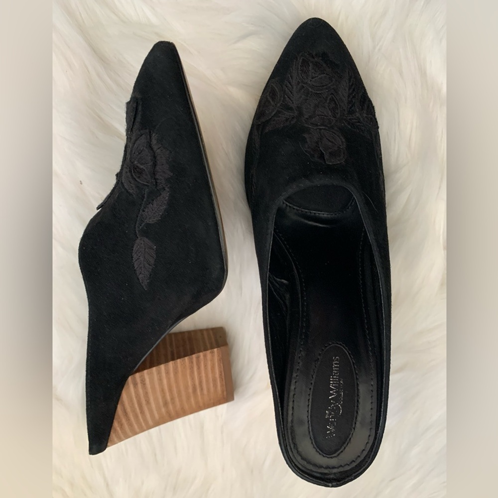 Wendy Williams Black Embroidered Women's Leather Mules Shoes Size 7.5 US